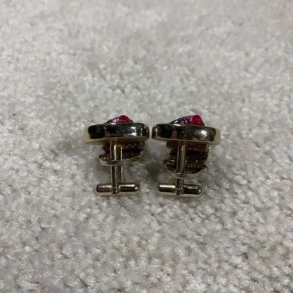 Vintage Gold Tone Mesh Wrap Cufflinks Red Iridescent Glass Mens Oval Jewelry